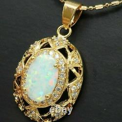 3 Ct Ovale Coupe Feu Opal & Diamond Vintage Collier Pendentif 14k Or Jaune Sur