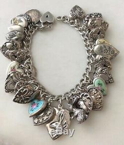 31 Vintage Argent Sterling Puffy Coeurs Charms Bracelet En Émail Lapin W Lampl