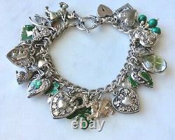 33 Vintage Sterling Silver Émail Shamrocks Puffy Heart Charms Bracelet W Lampl