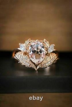 3ct Oval Lab Créé Morganite Diamond Feuilles Bague Vintage 14k Rose Or Sur