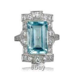 4.20 Ct Diamond Vintage Antique Engagement Art Déco Aquamarine Anneau 925 Argent