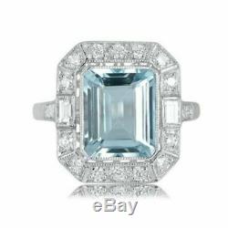 4 Ct Emerald Aquamarine Diamant Vintage D'art Déco Rétro Bague En Or Blanc 14k Plus