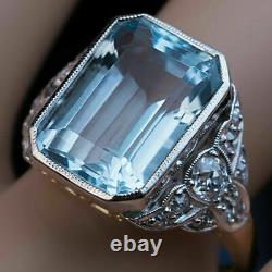 4ct Coupe Émeraude Aquamarine Diamond Vintage Bague De Fiançailles 14k Blanc Or Finition