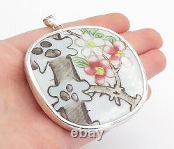 925 Argent Sterling Vintage Enamel Floral Vine Art Drop Pendentif Pt3510