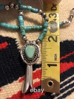 #993 Pendentif Vintage Navajo Squash Blossom, Turquoise Heishi, Sterling Silver