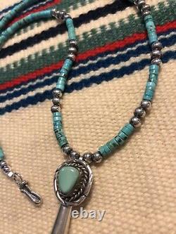 #993 Pendentif Vintage Navajo Squash Blossom, Turquoise Heishi, Sterling Silver