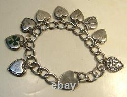 Ancien Vintage Sterling Argent Puffy Bracelet De Charme Coeur 9 Charms Heart Catch