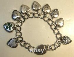 Ancien Vintage Sterling Argent Puffy Bracelet De Charme Coeur 9 Charms Heart Catch
