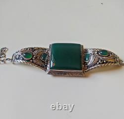 Ancienne manchette de bracelet en argent sterling victorien avec pierre de jade verte naturelle