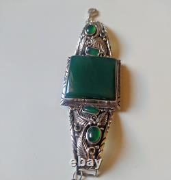 Ancienne manchette de bracelet en argent sterling victorien avec pierre de jade verte naturelle