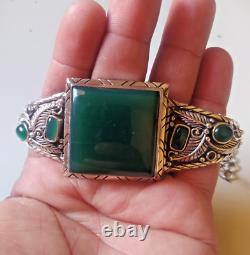 Ancienne manchette de bracelet en argent sterling victorien avec pierre de jade verte naturelle