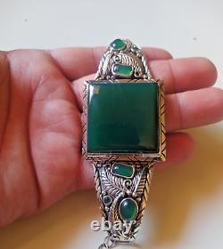 Ancienne manchette de bracelet en argent sterling victorien avec pierre de jade verte naturelle