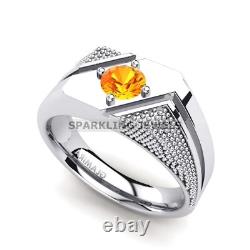 Anneau en Argent Sterling 925 avec Pierre Précieuse Citrine Taillée Ronde pour Hommes #D73