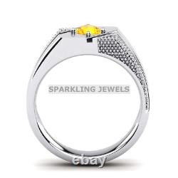 Anneau en Argent Sterling 925 avec Pierre Précieuse Citrine Taillée Ronde pour Hommes #D73