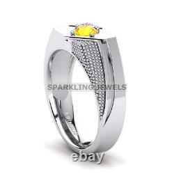 Anneau en Argent Sterling 925 avec Pierre Précieuse Citrine Taillée Ronde pour Hommes #D73