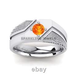 Anneau en Argent Sterling 925 avec Pierre Précieuse Citrine Taillée Ronde pour Hommes #D73