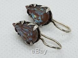 Antique Edwardian Foiled Saphiret Verre En Argent Sterling Vintage Boucles D'oreilles