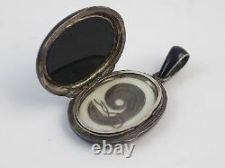 Antique Français Sterling Silver Black Enamel & Onyx Locket Pendentif Cheveux De Deuil