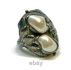 Antique Sterling Silver Art Nouveau Véritable Baroque Rivière Perle Leaf Ring Sz 3.5