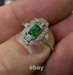 Antique Vintage Art Deco 2ct Emerald Diamond Bague De Fiançailles 14k Or Blanc Sur