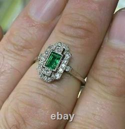 Antique Vintage Art Deco 2ct Emerald Diamond Bague De Fiançailles 14k Or Blanc Sur