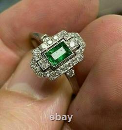 Antique Vintage Art Deco 3ct Emerald Diamond Bague De Fiançailles 14k White Gold Fn