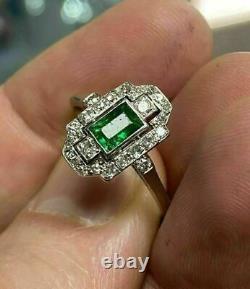 Antique Vintage Art Deco 3ct Emerald Diamond Bague De Fiançailles 14k White Gold Fn