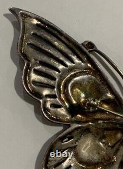Argent Sterling Enamel Garnet Marcasite Pendentif Papillon Pin Brooch G41
