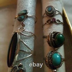 Argent Sterling Vtg Ring Lot Noir Onyx Cat Eye Turquoise Non Scrap Native Sz6 8