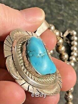Argent Vintage Navajo Etsitty Sterling Turquoise Pendentif Boule Perle Collier 925