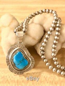 Argent Vintage Navajo Etsitty Sterling Turquoise Pendentif Boule Perle Collier 925