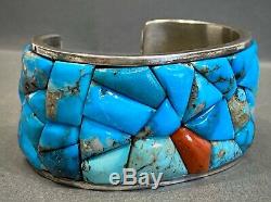 Argent Vintage Navajo Sterling Turquoise Corail Cobblestone Bracelet Lourd
