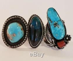Argent Vintage Sterling Amérindien Bague Lot Turquoise Et Corail