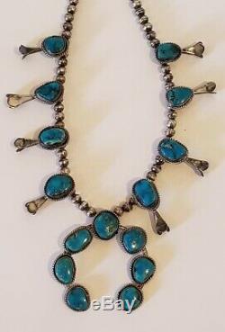 Argent Vintage Sterling Amérindien Turquoise Squash Blossom Collier