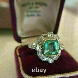 Art Déco 3.5 Ct Asscher Cut Emerald Diamond Vintage Engagement 14k Bague Fn Or