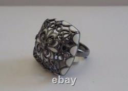 BAGUE DE DESIGN VINTAGE Avec. 25 CT D'ACCENTS ET ÉMAIL BLANC / TAILLE 5-9 / ARGENT STERLING