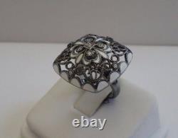 BAGUE DE DESIGN VINTAGE Avec. 25 CT D'ACCENTS ET ÉMAIL BLANC / TAILLE 5-9 / ARGENT STERLING