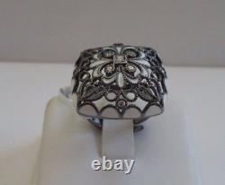 BAGUE DE DESIGN VINTAGE Avec. 25 CT D'ACCENTS ET ÉMAIL BLANC / TAILLE 5-9 / ARGENT STERLING