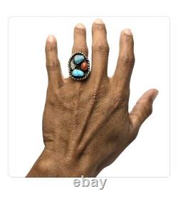 BAGUE MASSIVE VINTAGE HOPI EN TURQUOISE CORAIL ARGENT STERLING 6.75