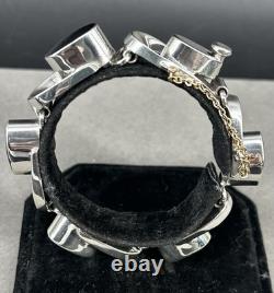 BRACELET CHAÎNE LOURDE VINTAGE en Argent Sterling et Onyx TAXCO 6.5 55.6G