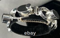 BRACELET CHAÎNE LOURDE VINTAGE en Argent Sterling et Onyx TAXCO 6.5 55.6G