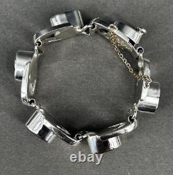 BRACELET CHAÎNE LOURDE VINTAGE en Argent Sterling et Onyx TAXCO 6.5 55.6G