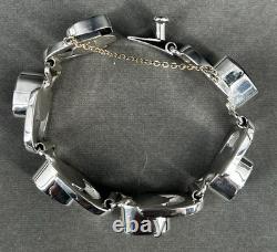 BRACELET CHAÎNE LOURDE VINTAGE en Argent Sterling et Onyx TAXCO 6.5 55.6G