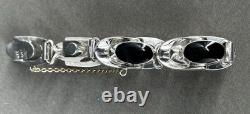 BRACELET CHAÎNE LOURDE VINTAGE en Argent Sterling et Onyx TAXCO 6.5 55.6G