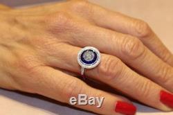 Bague De Fiançailles Vintage Avec Diamants Blancs Saphir Bleu Antique Art Déco