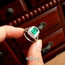 Bague De Fiançailles Vintage Or Blanc Plus Rétro 2,86 Ct Vert Émeraude Diamant