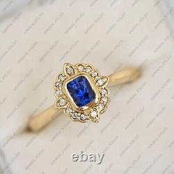 Bague Halo en Saphir, Bague Vintage en Argent Sterling 925, Plaquée Or