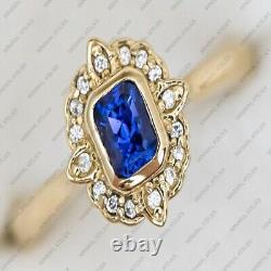 Bague Halo en Saphir, Bague Vintage en Argent Sterling 925, Plaquée Or