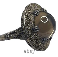 Bague Vintage Theodor Fahrner Allemagne Argent Sterling Doré Quartz Fumé Marcasite