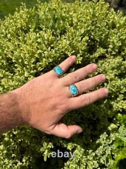 Bague chevalière ovale pour homme en argent sterling 925 massif véritable turquoise bleue authentique